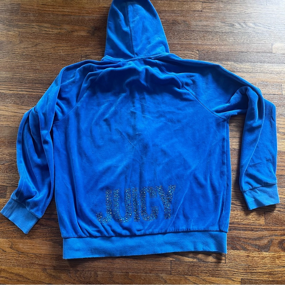Y2K Juicy Couture Bright Cobalt Blue Velour Hooded Sweatshirt - Studs - XL